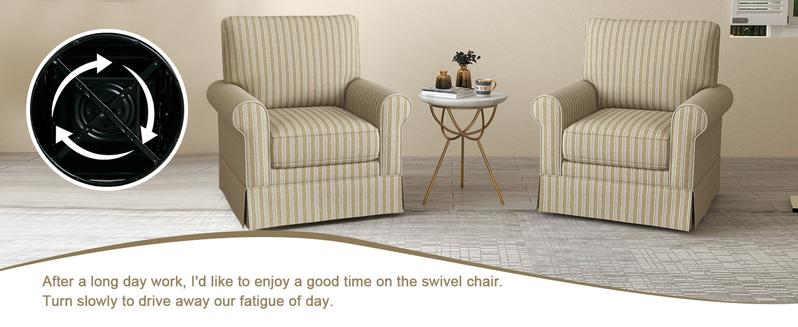 [TikTokShopBlackFriday]Ebello Swivel High Back  Linen Mid Century Modern Accent Chair – Wood Frame, Upholstered Seat with Waist Cushion – Elegant & Durable for Any Room，Fully Assembled, Brown Stripe