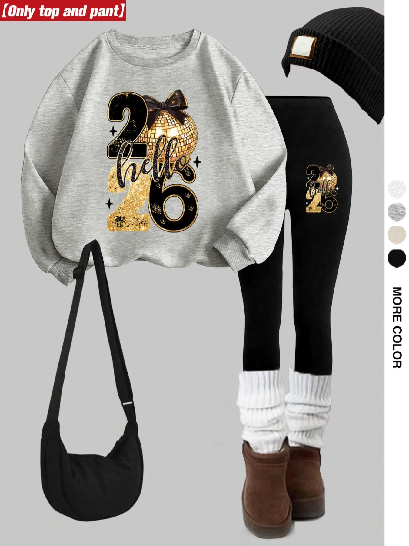 Women's Casual Sweatshirt Set 2 Piece, New Year 2026 Print, Round Neck Long Sleeve, Long Pants, Fall Winter Fashion