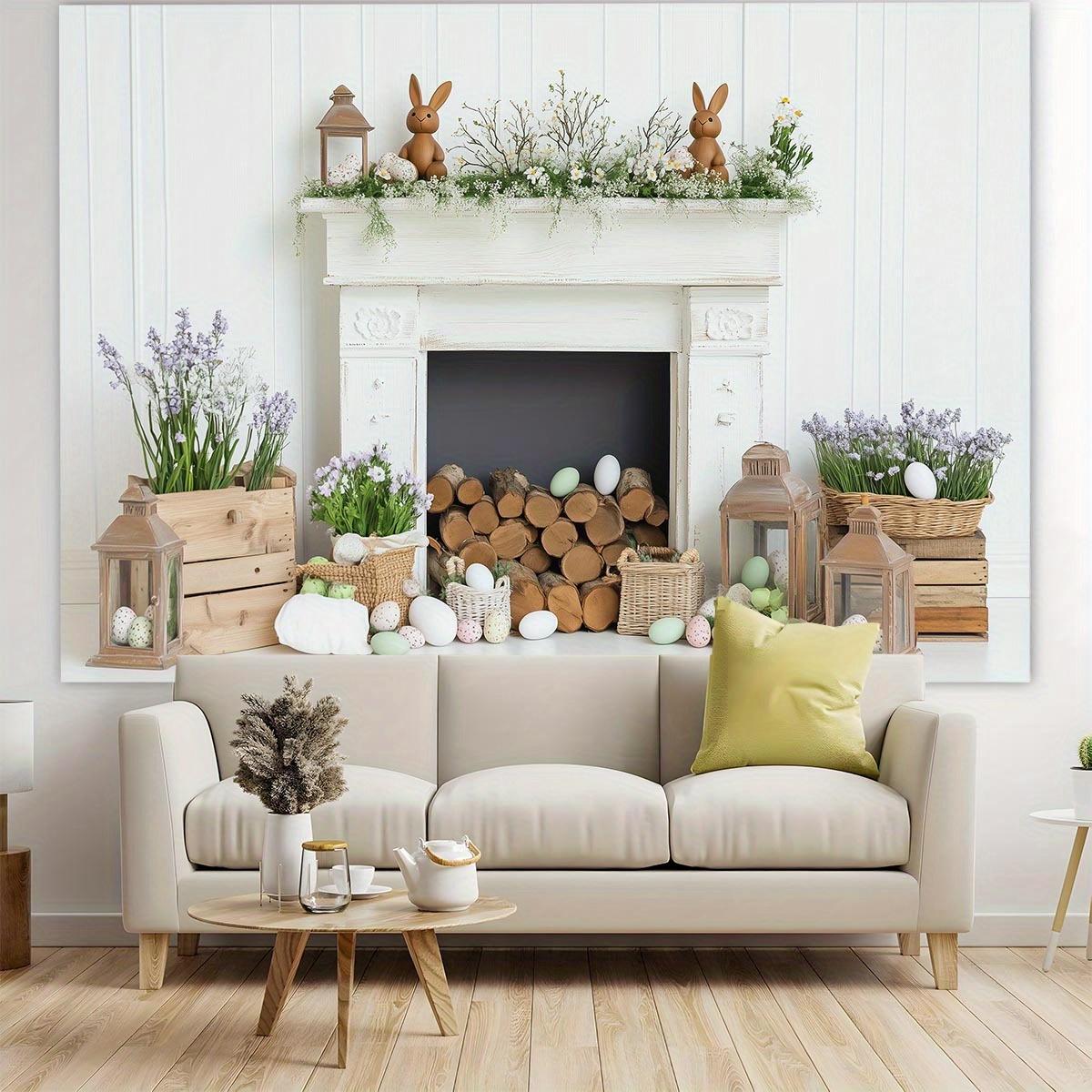 1pc White Fireplace Easter Bunny & Eggs Backdrop Banner - Rustic Spring Decor with Greenery, Wooden Logs & Lanterns for Home, Garden, Parties & Themed Events, Easy Hanging Indoor/Outdoor Use, Festive Backdrop | Springtime Ambiance | Pastel Colored