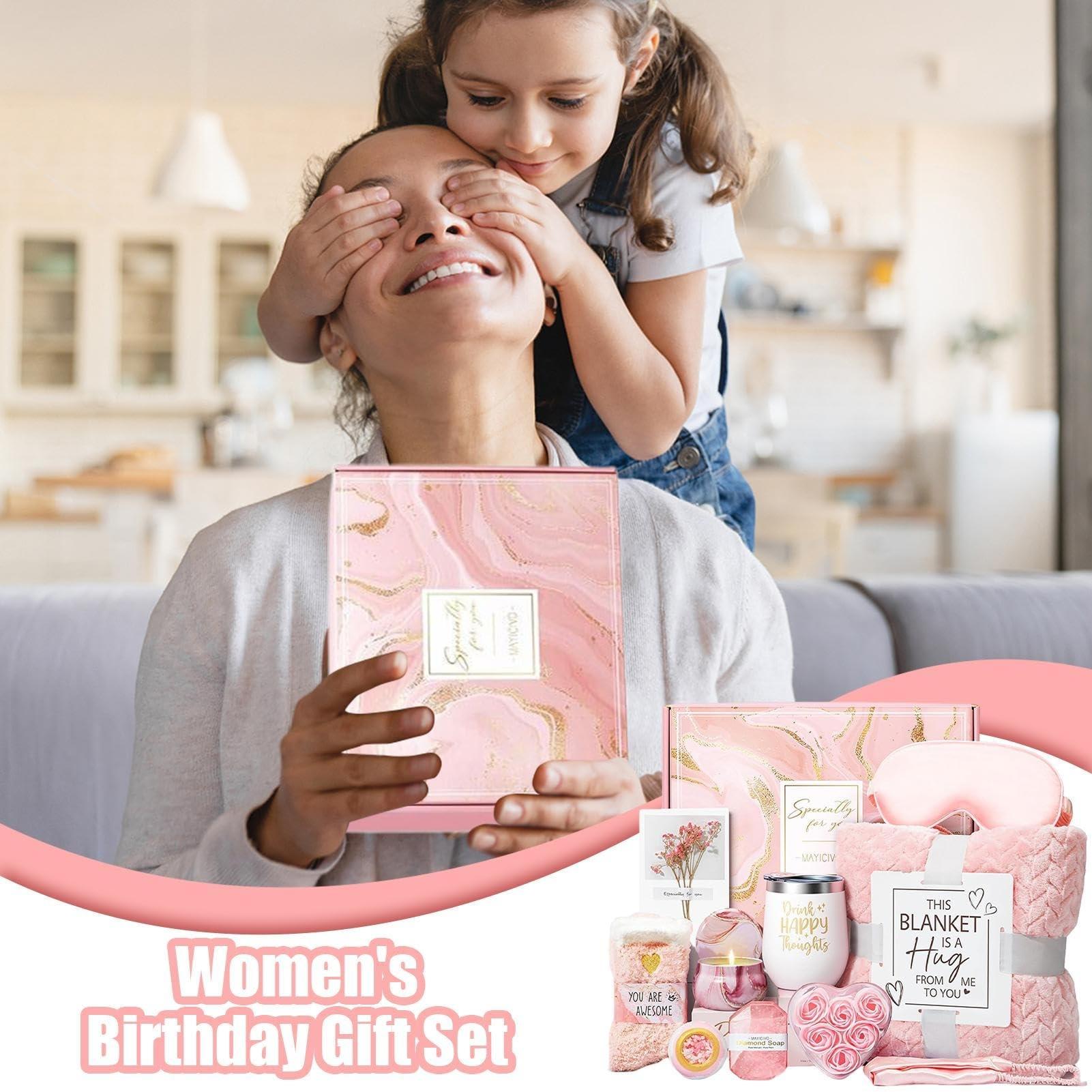 Women's Birthday Gift Set, Self-Care Spa Basket with Luxury Flannel Blanket, Unique Christmas Present for Mom Friend Sister Wife Grandma, Party Gifts