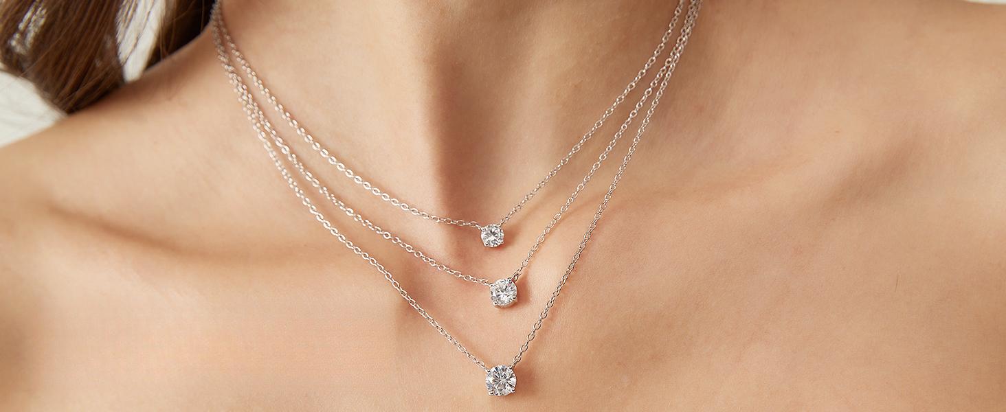 1 Carat CZ Solitaire Tennis Necklace for Women| 925 Sterling Silver Round Cut Cubic Zirconia, Elegant Everyday & Anniversary Jewelry Gift