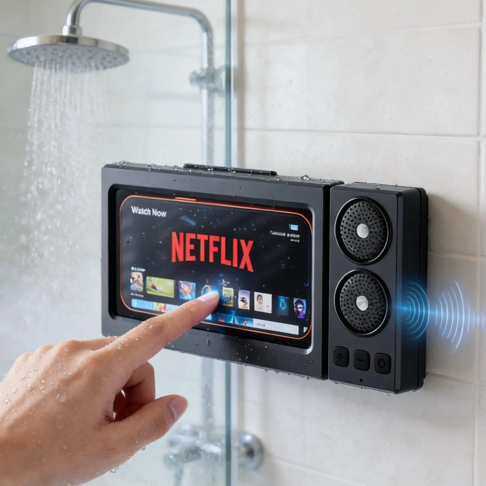 Waterproof box speaker, Waterproof wireless speaker, bathroom 360° rotating touch screen, Bluetooth speaker, Rechargeable Waterproof Speakers, watch movies, listen to music, phone holder, swimming pool, kitchen, bathroom