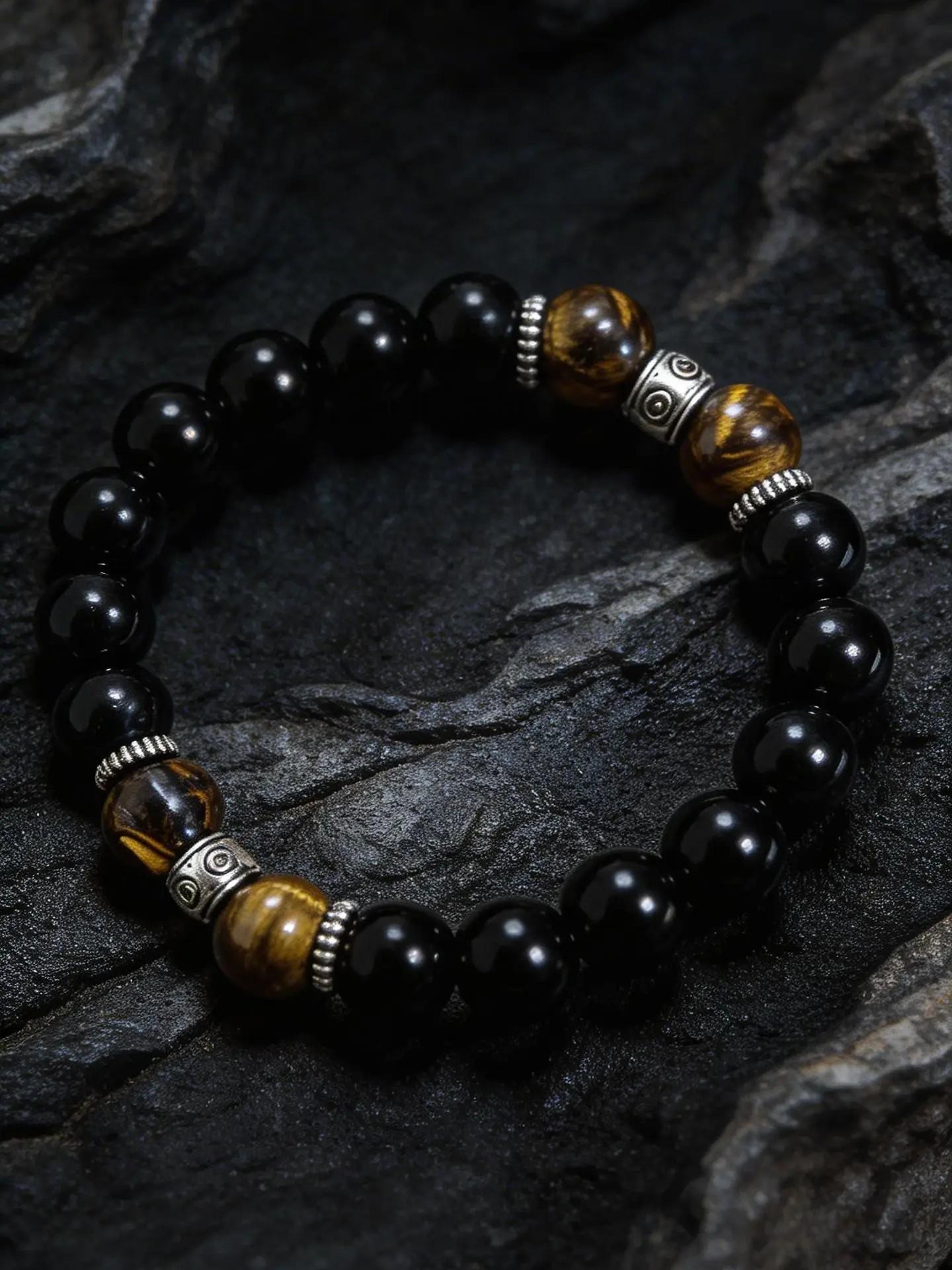 Men's Natural Tiger Eye & Obsidian Bracelet, Silver Color Plated, Handmade Premium Healing Stone, Gift Box Included