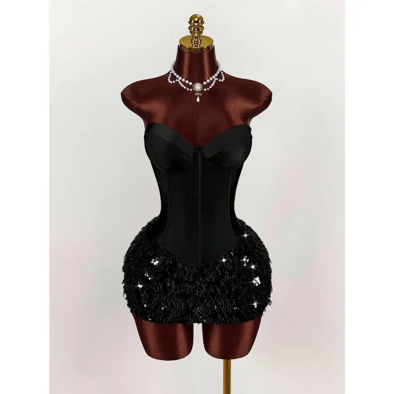 Women's Bustier Patchwork Faux Fur Hem Fitted Fashionable Mini Dress, Birthday Party Dress, Christmas Party Dress