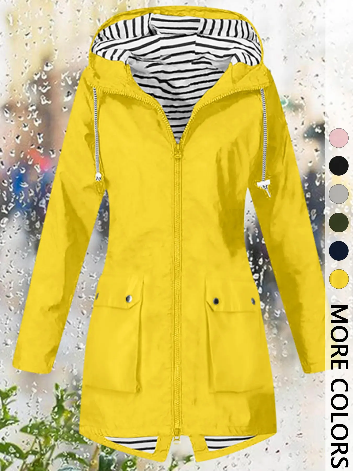Women Striped Lined Hooded Rain Jacket Drawstring Adjustable Hood Zip Up Mid Length Windbreaker With Flap Pockets Lightweight Outdoor Travel Walking Casual Water Resistant Outerwear Coat