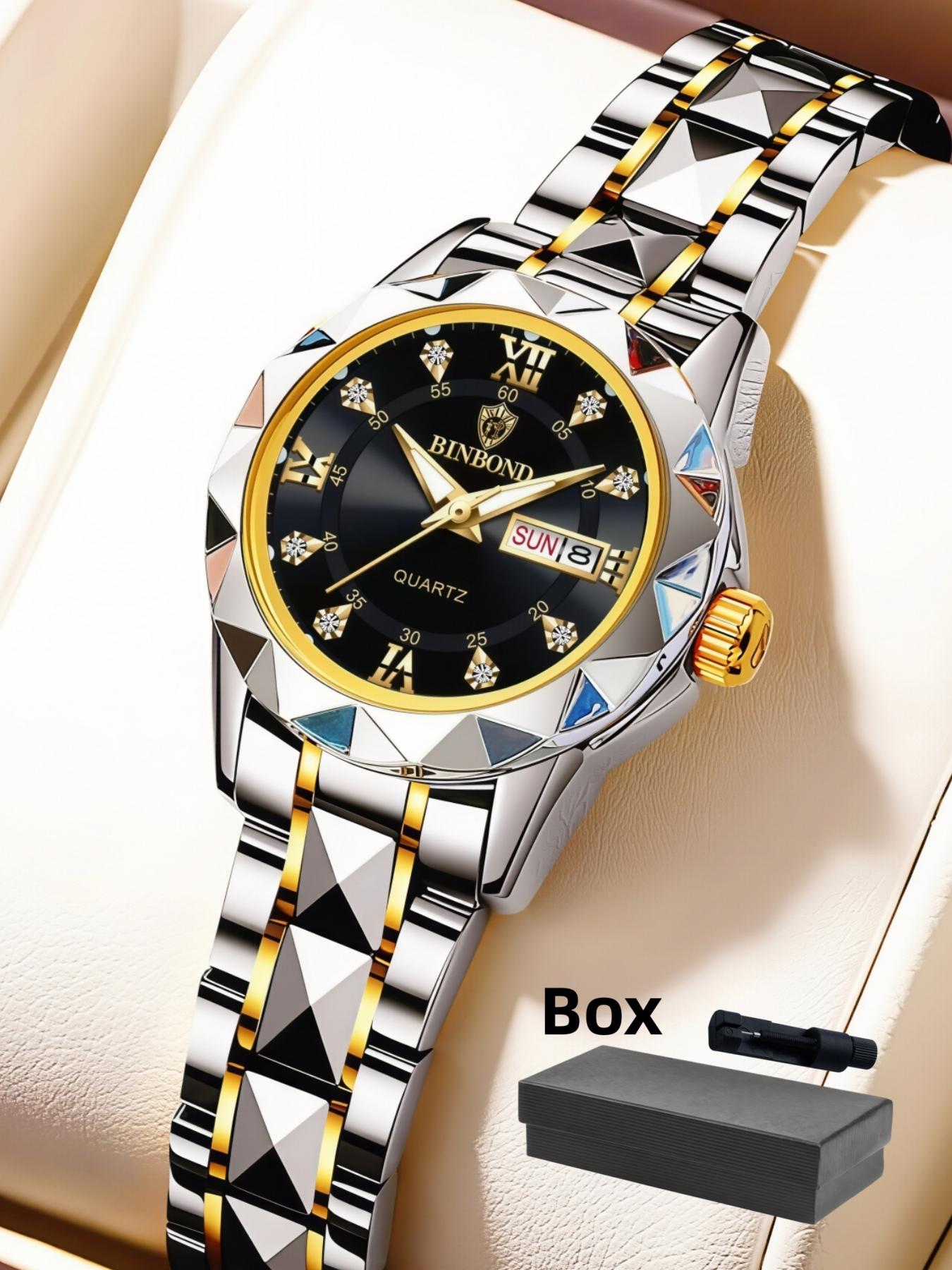 Women's Fashion Round Dial Stainless Steel Strap Quartz Watch, Rhinestone Decorated Watch, Rhinestone Embellished Watch, 30m Waterproof Watch with Calendar Function, Trendy All-match & Exquisite Watch for Birthday Gift with Box