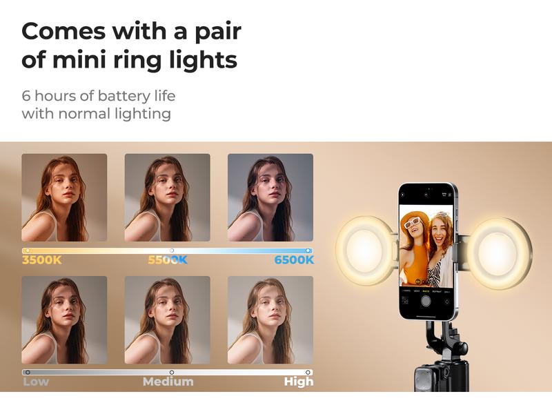 K&F CONCEPT Up to 71” Face Tracking Tripod Selfie Stick | 360° Rotation + Bluetooth Remote + Stand | 2 Fill Lights (Optional) | Black/White Textured (White Same as Black), for Travel/Live Streaming/Vloggers