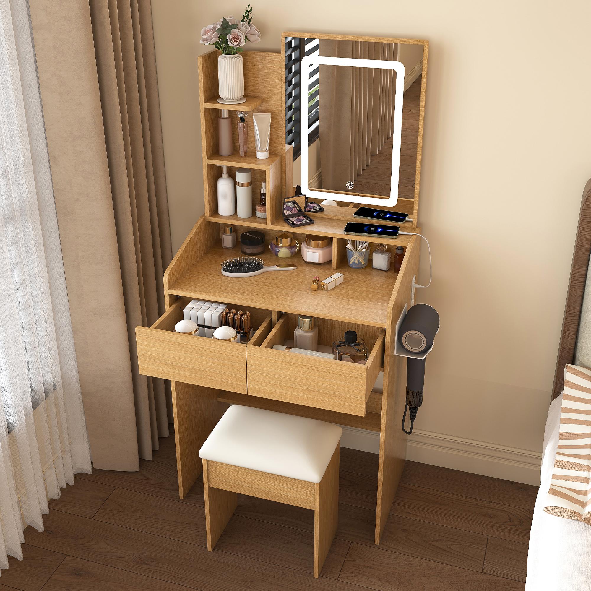 Small Vanity Desk with Mirror and Lights, Makeup Vanity Table with Power Outlet & 2 Drawers & 4 Shelves & Stool,Dressing Table Set for Bedroom, 3 Color Mode, Wood Small Vanity Desk with Mirror and Lights, Makeup Vanity Table with Power Outlet & 2 Drawers & 4 Shelves & Stool,Dressing Table Set for Bedroom, 3 Color Mode, Wood