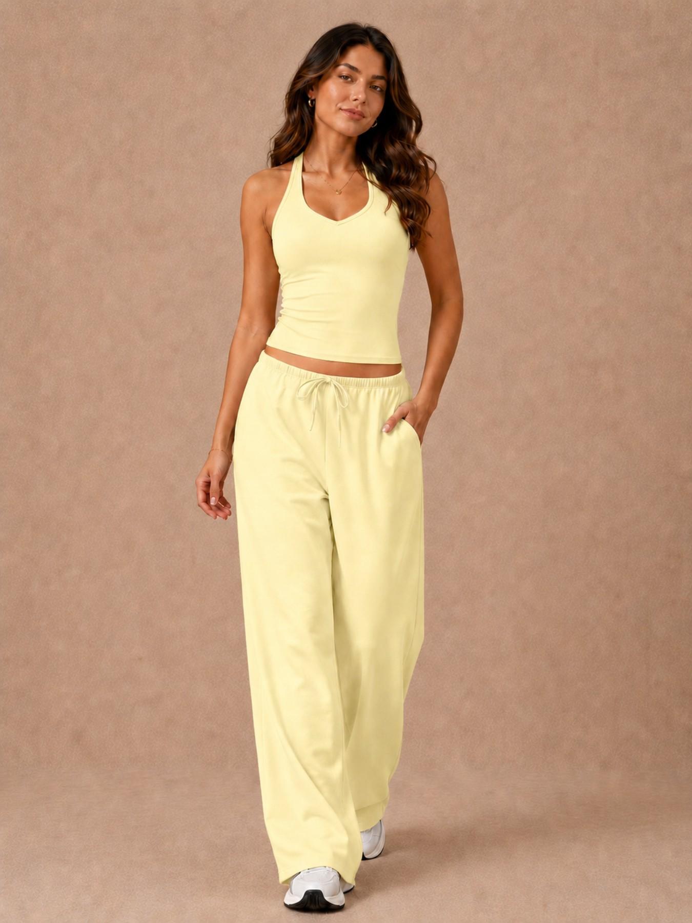 Two-Piece Women's Tank Top & Long Pants Set, Casual Fitness Wear, High Stretch Activewear, Quick-Dry Breathable Fabric, Sporty Top with Removable Pads & Adjustable Drawstring Wide-Leg Pants for Gym & Yoga, Summer Outfit, Sportswear