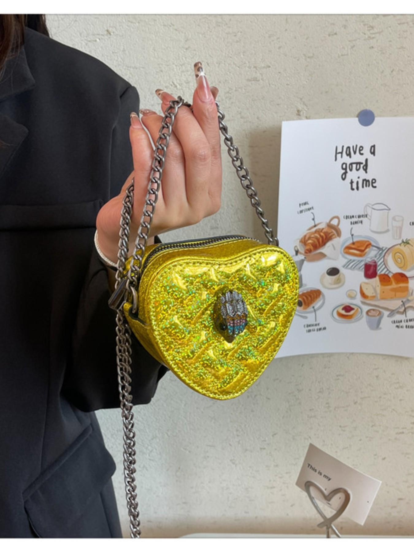 Fashion Heart Mini Bag, Sparkling Trim Design, Detachable Chain Decor, Ideal for Girls' Night Out, Stylish Evening Accessory