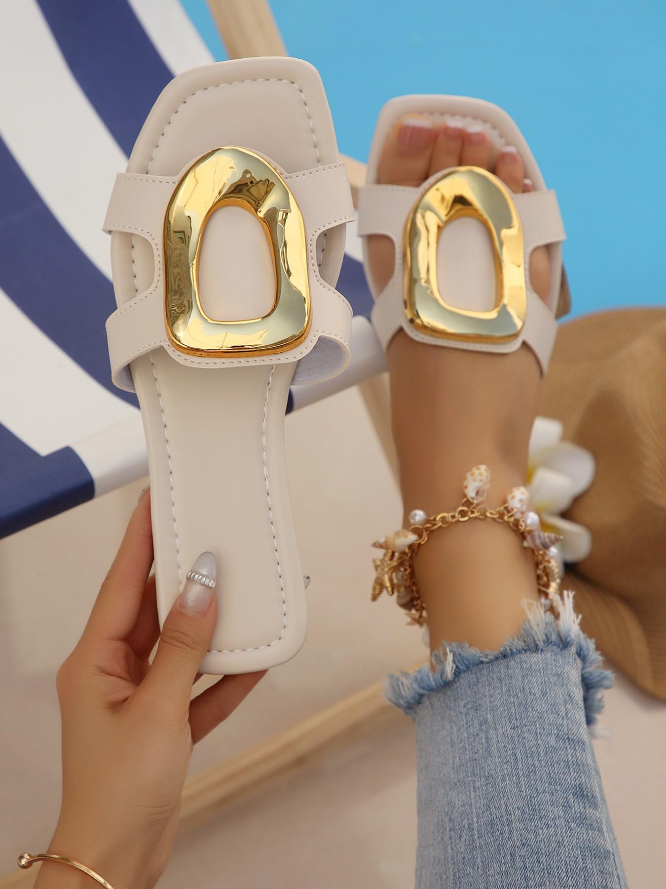 Summer New Square Toe Sandals for Women, Metal Buckle Flat Flip Flops, Beach Vacation Shoes, Anti-Slip Soft Sole, Outdoor Wear