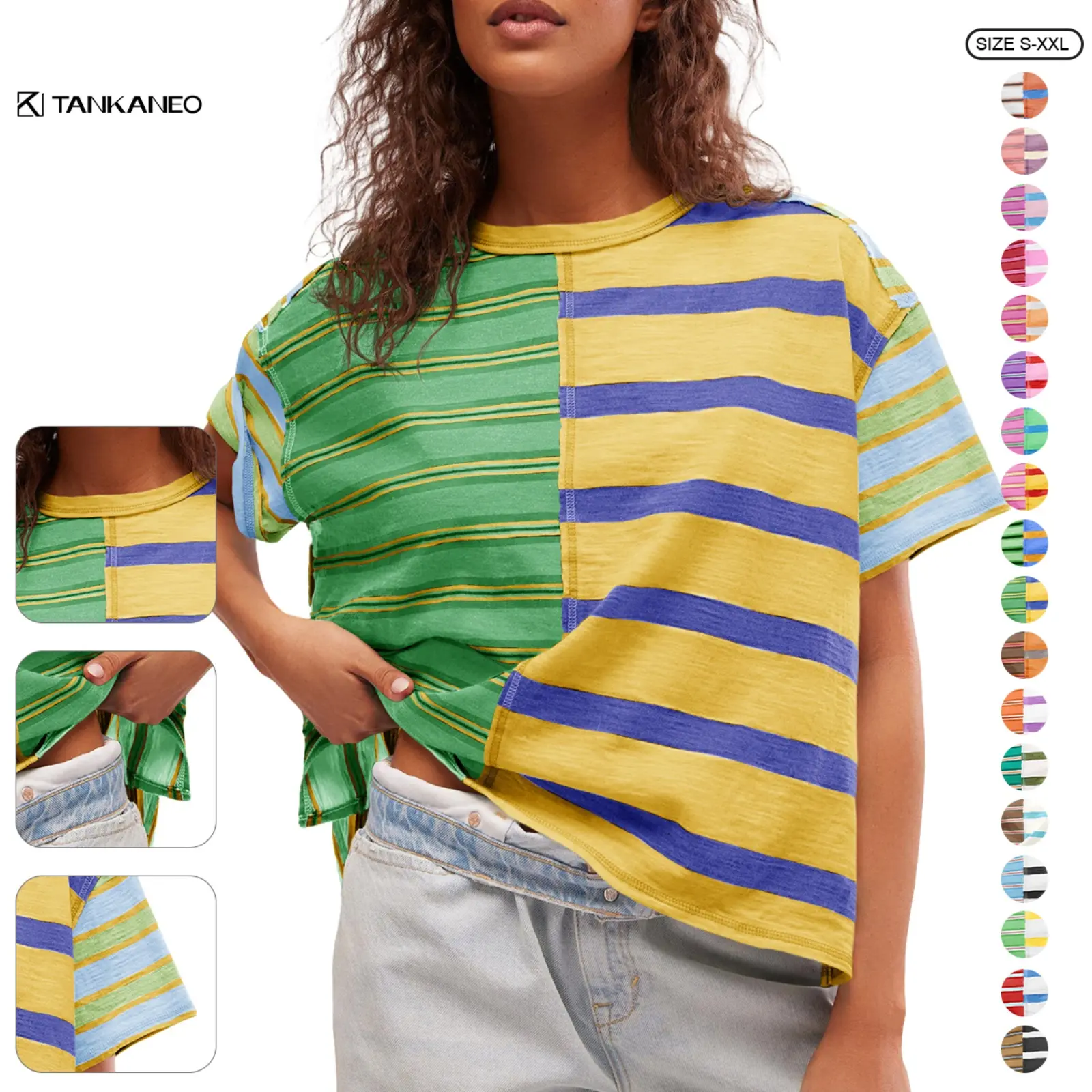 Tankaneo Womens Summer Striped Shirts Casual Color Block Short Sleeve Tops Loose Fit Crew Neck Tees