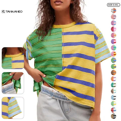 Tankaneo Womens Summer Striped Shirts Casual Color Block Short Sleeve Tops Loose Fit Crew Neck Tees