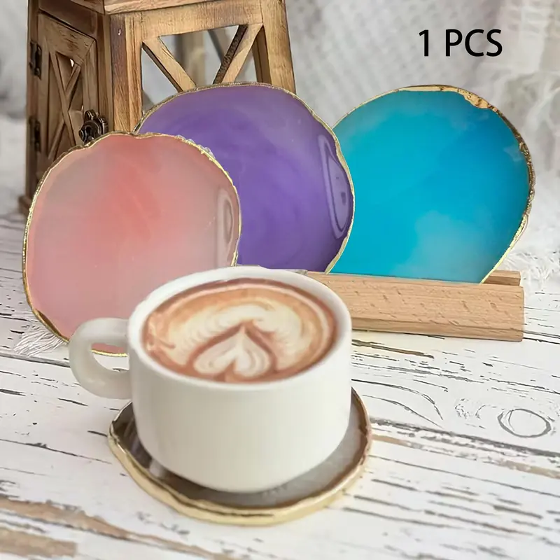1 Agate Coaster with Gold Trim Resin Crystal Gemstone Coffee Coaster Handcrafted and Unique Perfect for Holding Coffee Cups Jewelry, Anniversary, Wedding, Birthday, Christmas The Perfect Gift for Elegant Home Decor Drink Coasters