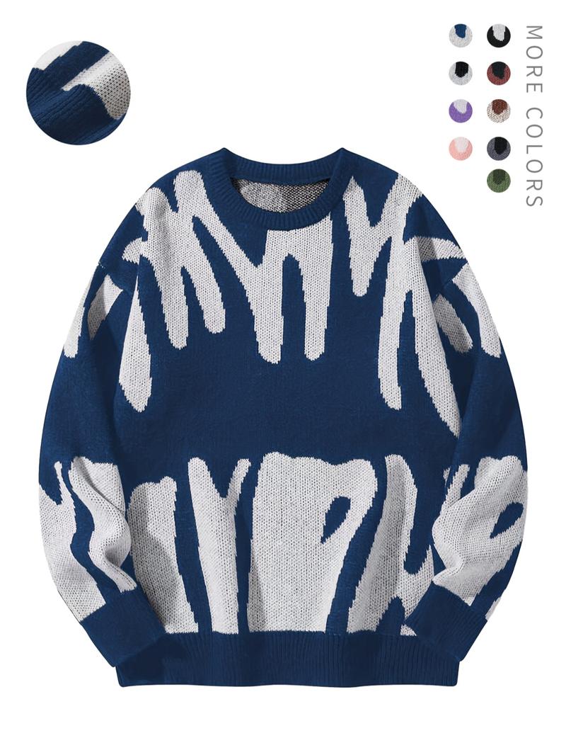 Unisex Men's Round Neck Drop Shoulder Hip Hop Sweater, Regular Fit All Over Print Long Sleeve Knitting Pullover, Drippy Outfits, Going Out Outfit