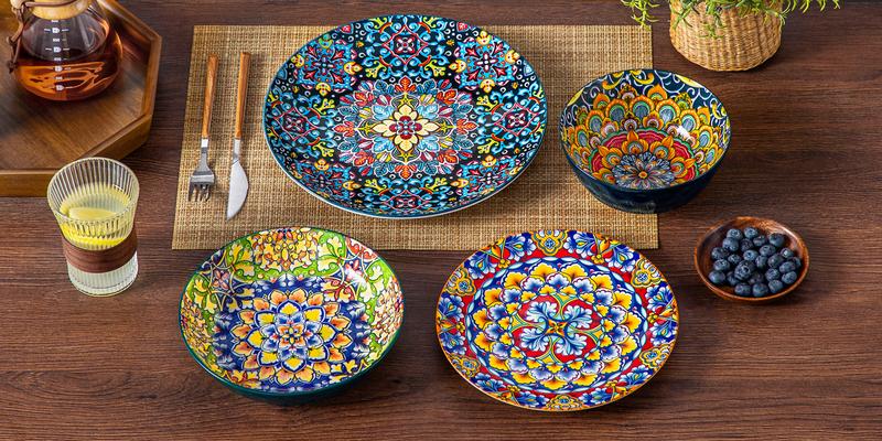 vancasso Simi Boho Dinnerware Set for 4, Artisanal Ceramic Dish Set with 10.5" Dinner Plate, 8.5" Dessert Plate, 26oz Pasta Bowl, and 32oz Cereal Bowl