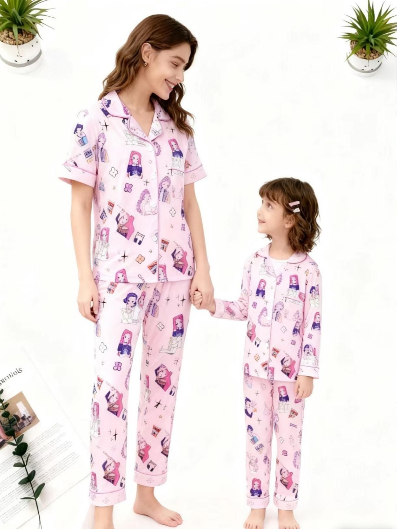 K-Pop Demon Hunter Kids Parent-Child Pajama Set, Cartoon Print Hooded Fitted Short Sleeve Top & Elastic Waist Long Pants, Comfortable Home Wear Nightwear