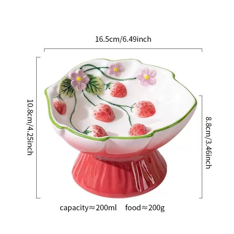 Ceramic Strawberry Slow Feed Bowl, High Feet Design, Anti-Gag and Anti-Spill, Neck Support for Cats and Kittens, Pet Feeding Solution
