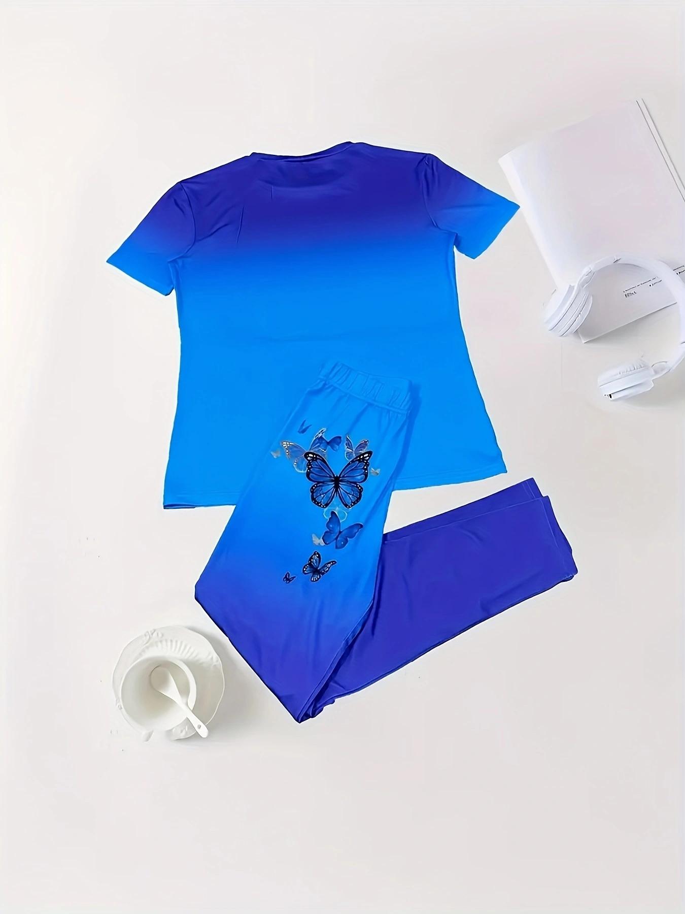 Butterfly Print Gradient Color Women's Spring & Fall Casual Round Neck Short Sleeve Long Pants Two-Piece Set, Fitted Regular Length, Matching Clothing Set, Lady, Stretchy Outfit Sets
