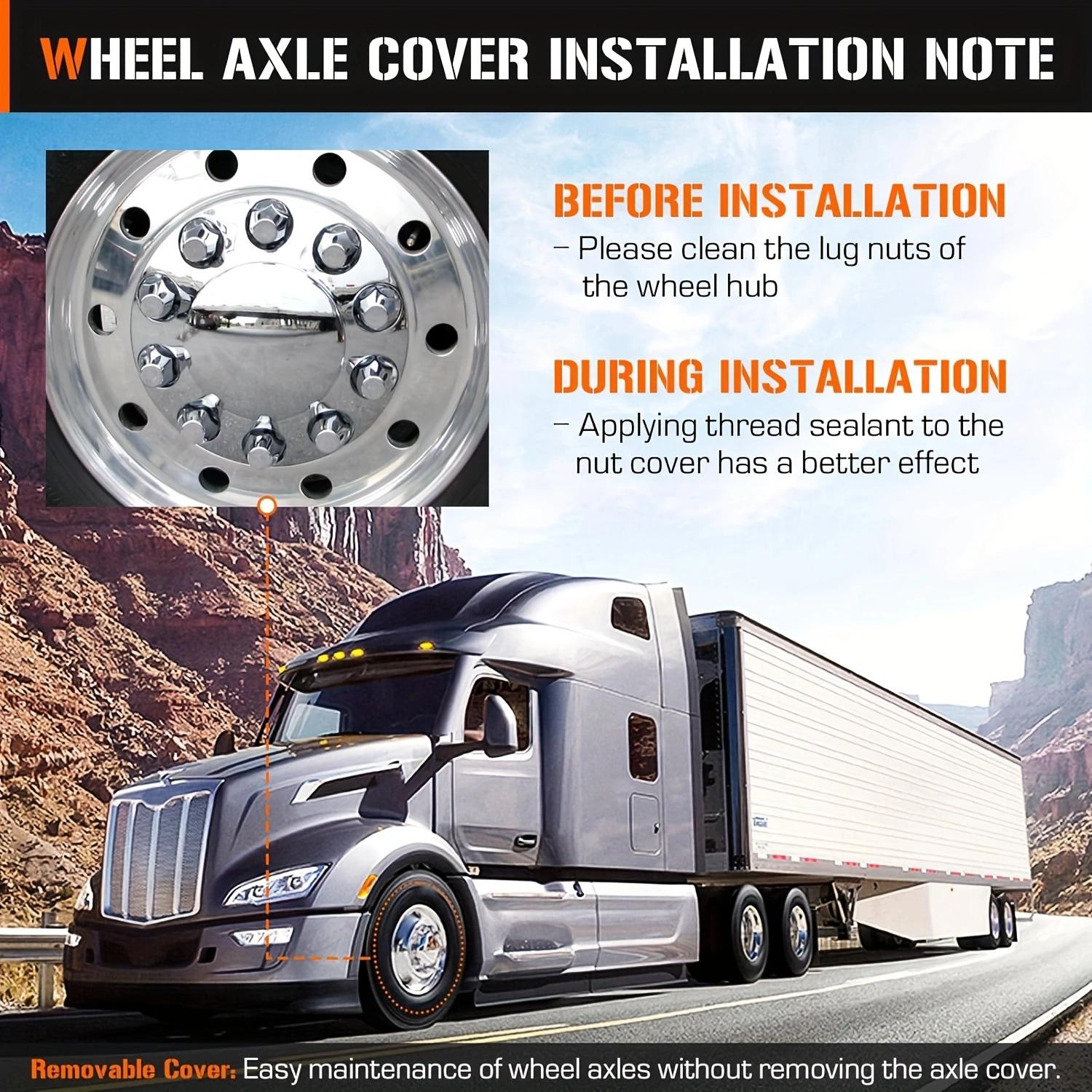 Chrome ABS Complete Axle Cover Set with Hub Caps and 33mm Screw-On Lug Nut Covers for Semi Trucks (2 Front) Car Accessories