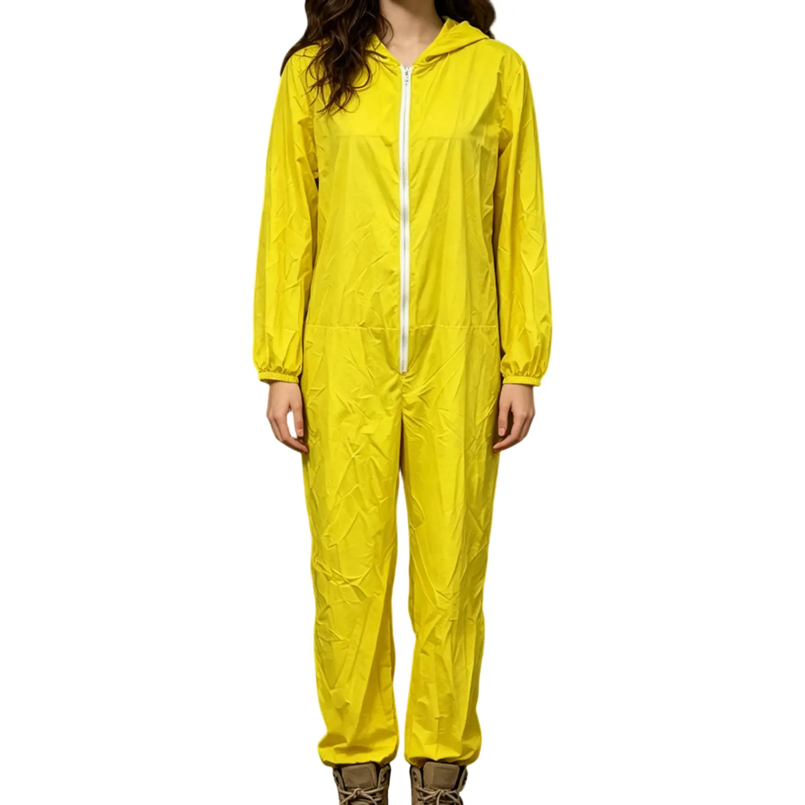 Women Windproof Jumpsuit with Hood Simple Solid Color Long Sleeve Zip-up Pants Romper for Daily Cosplay Party