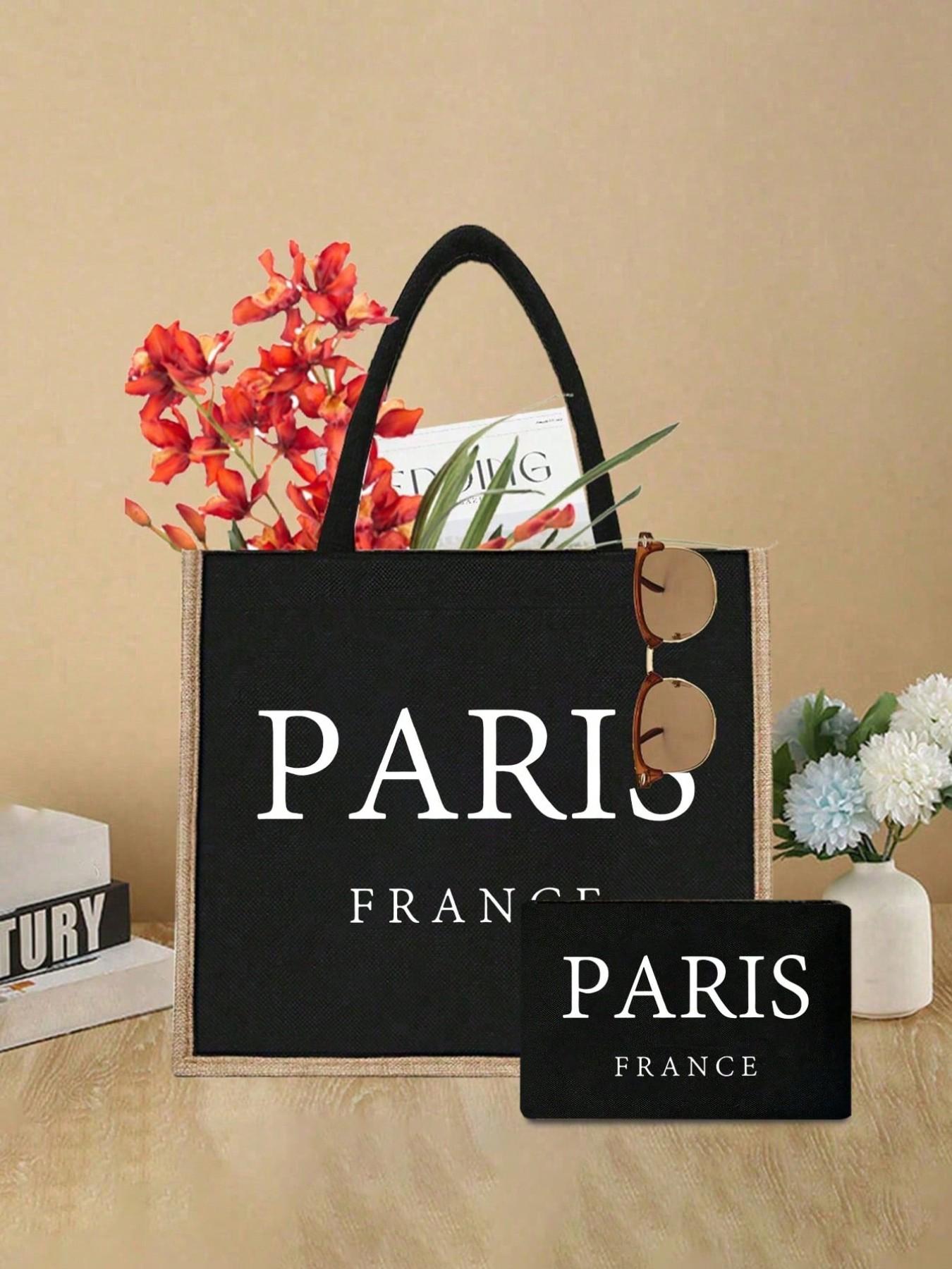 Linen Tote Bag Set, Paris Print & Small Pouch, Linen with Buckle & Zip, Perfect for Makeup, Nail Polish, Beach, Gifts for Women, Teachers, Friends