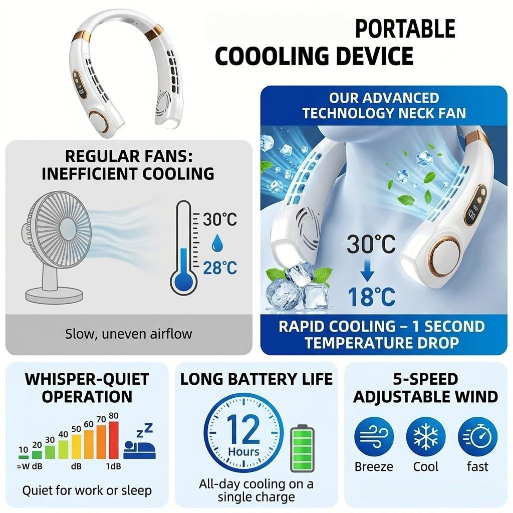 2026 Upgraded Bladeless Neck Fan, Portable Neck Air Conditioner, 360° Cooling USB Rechargeable, 5 Speeds Quiet Fan for Outdoor Sports Travel Office