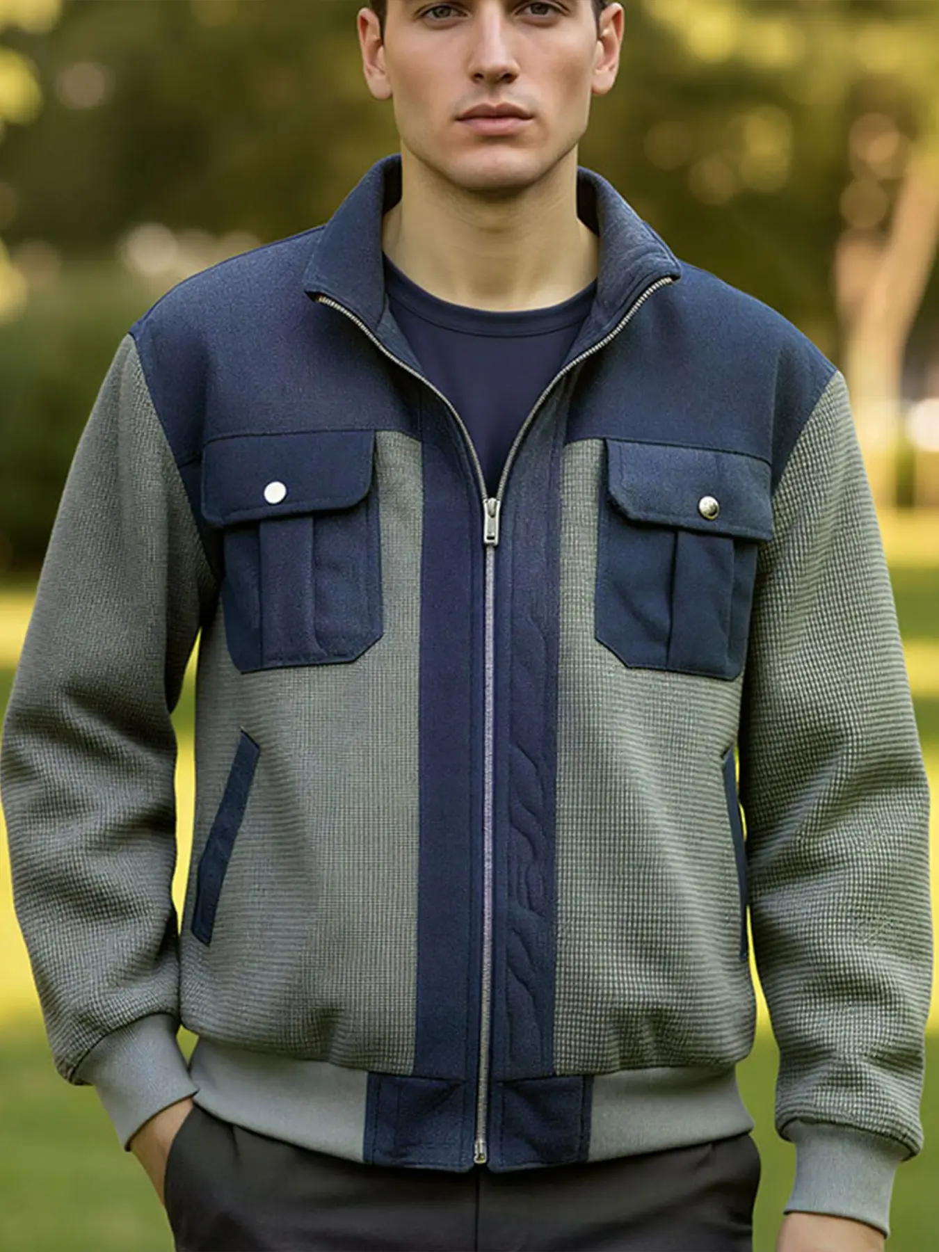 Men's Patchwork Stand Collar Zipper Jacket, Vintage Colorblock Design, Fitted Striped Style, Spring & Fall Outerwear with Pockets, Fitted Casual Outerwear