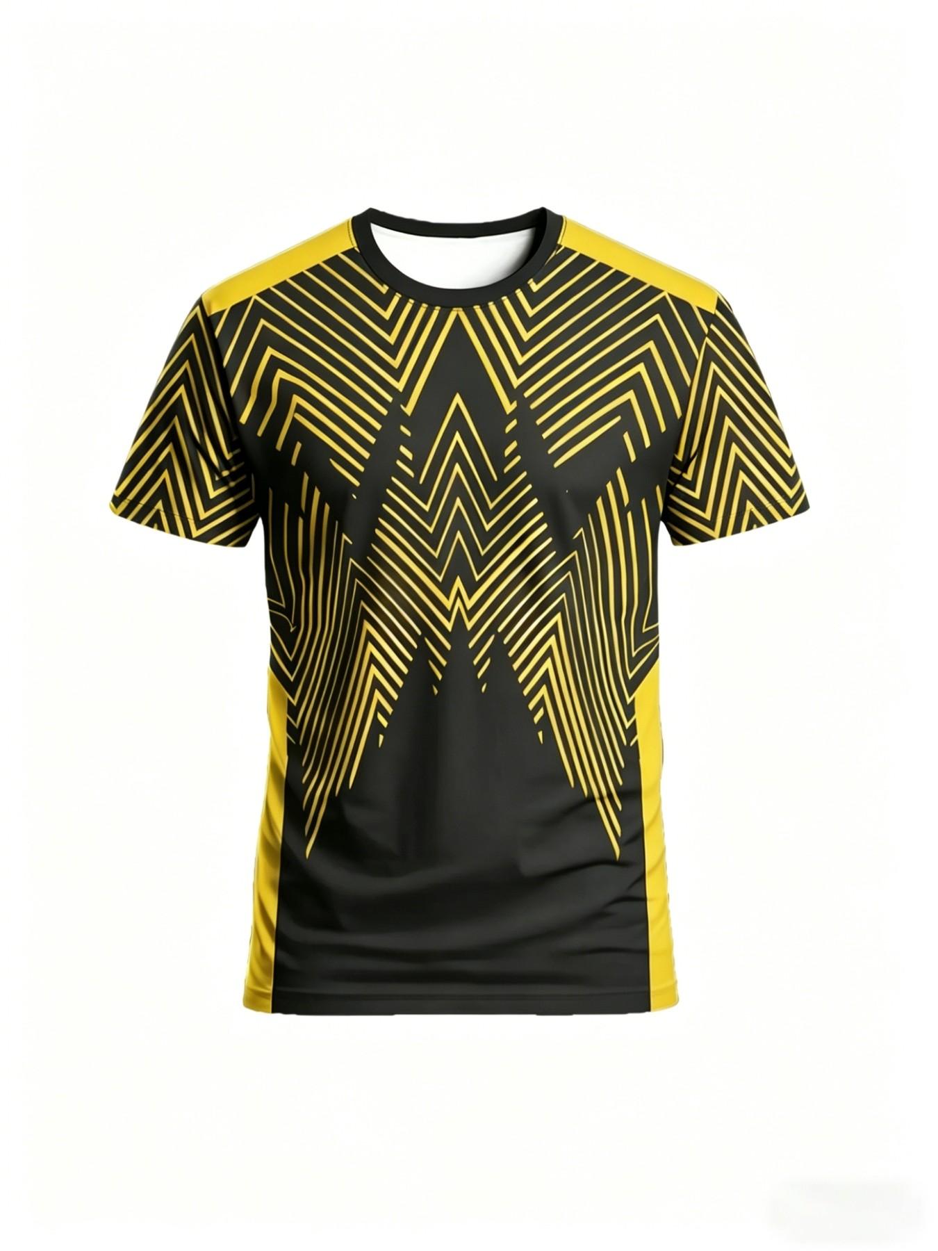 Men's Geometric Football Jersey, Sporty Round Neck Short Sleeve Top, Loose-Fitting, All Seasons, No Collar, No Zipper, No Button
