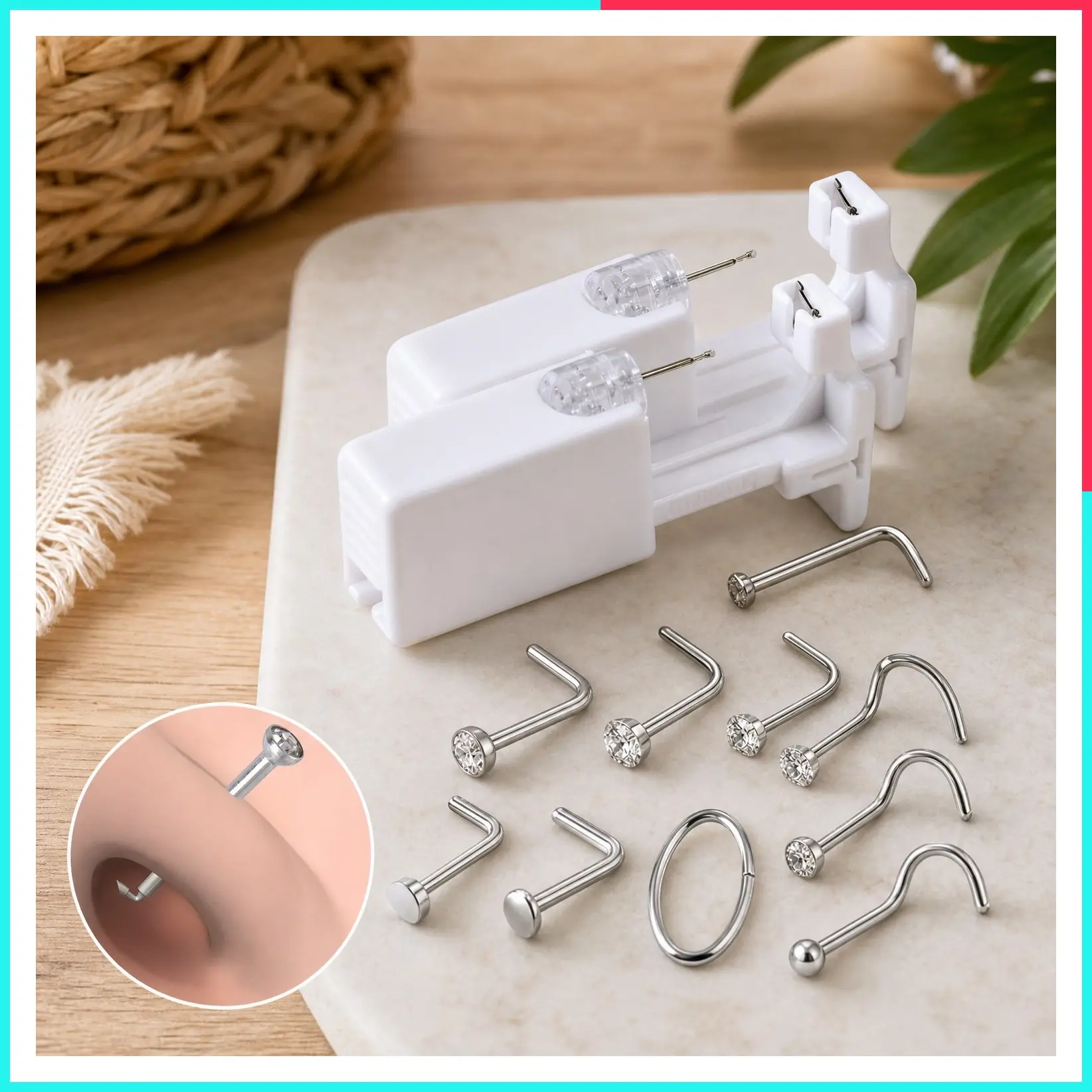 2 PCS Disposable Nose Piercing Gun Kit, Self Nose Piercing Set with Hypoallergenic Nose Rings and Studs
