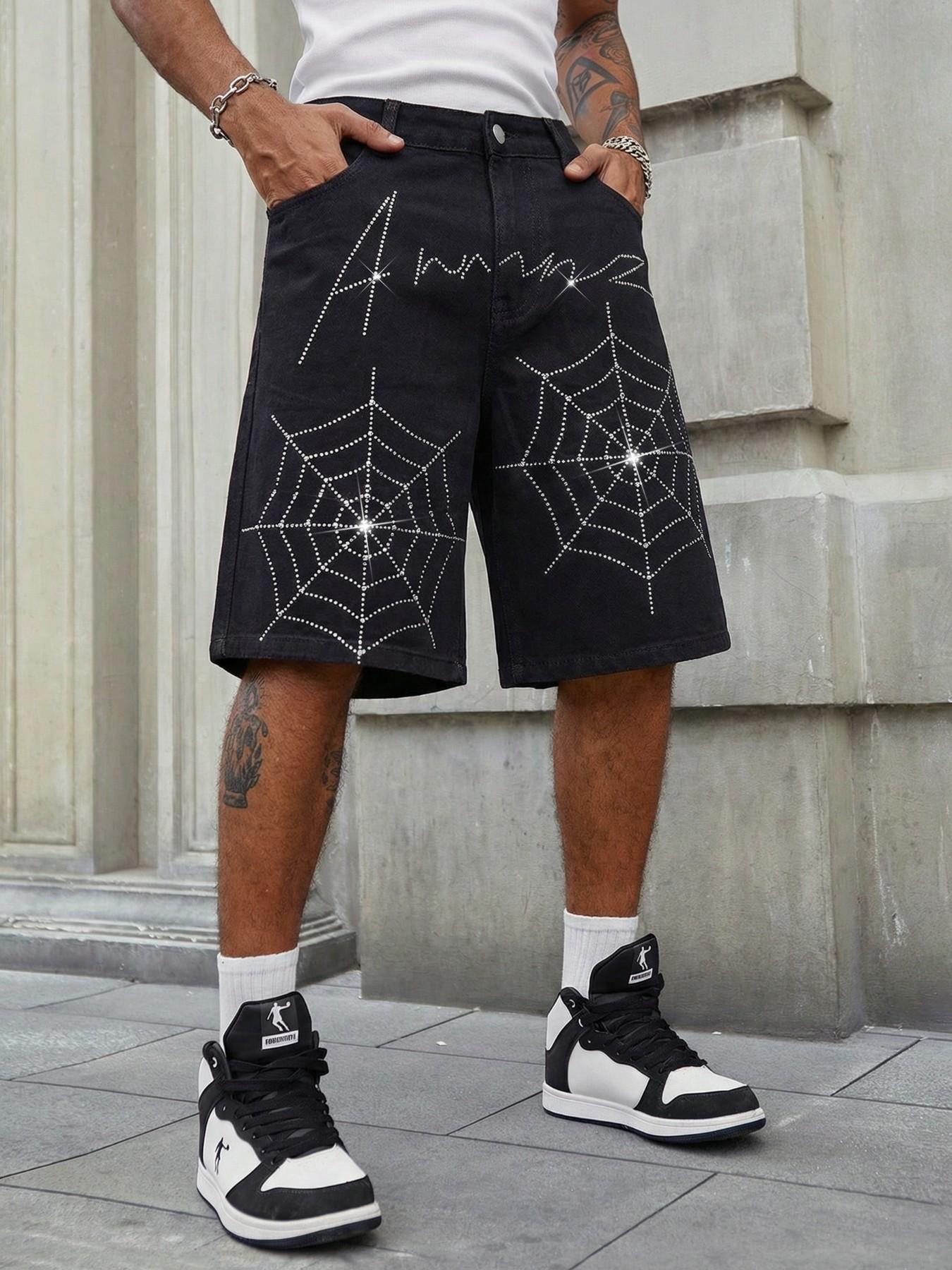 Men's Summer Rhinestone Spider Web Letter Pattern Loose Fit Mid Waist Denim Shorts, Y2K Streetwear Festival Casual Pants