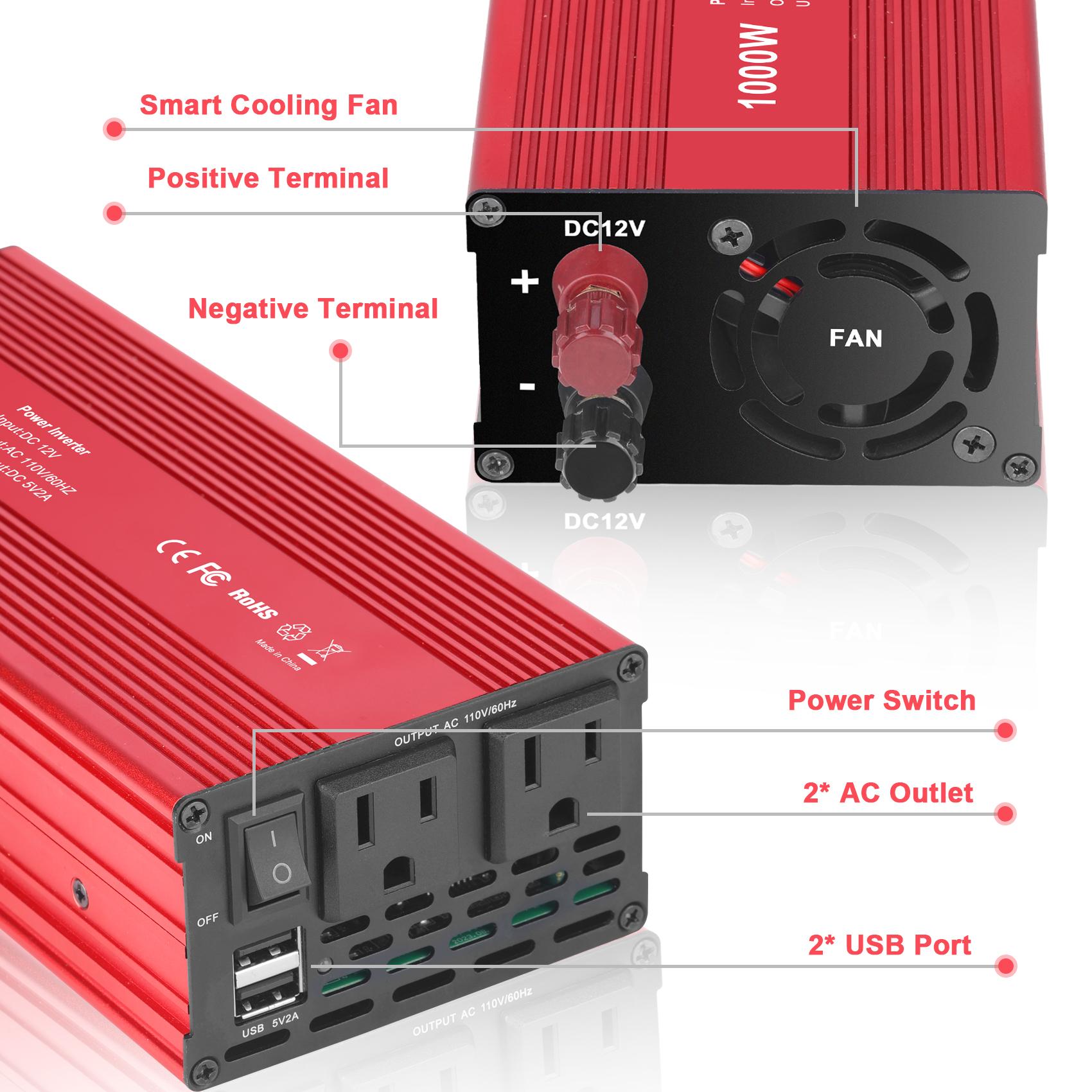 KUNLUN 1000W/1500W Peak Car Power Inverter | 12V DC to 110V AC Converter with Dual AC Outlets & USB Ports – Ideal for Boats, Off-Grid Systems, Solar Power, and Outdoor Travel Portable Socket Safety