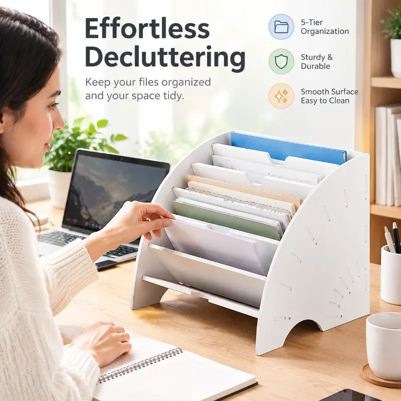 Sector Multi-Tier Desktop File Organizer, Office Organizers, A4 Document Holder, Plastic Slant Compartments, Desk Storage Rack For Papers Books, Home Office Student Desktop File Sorter