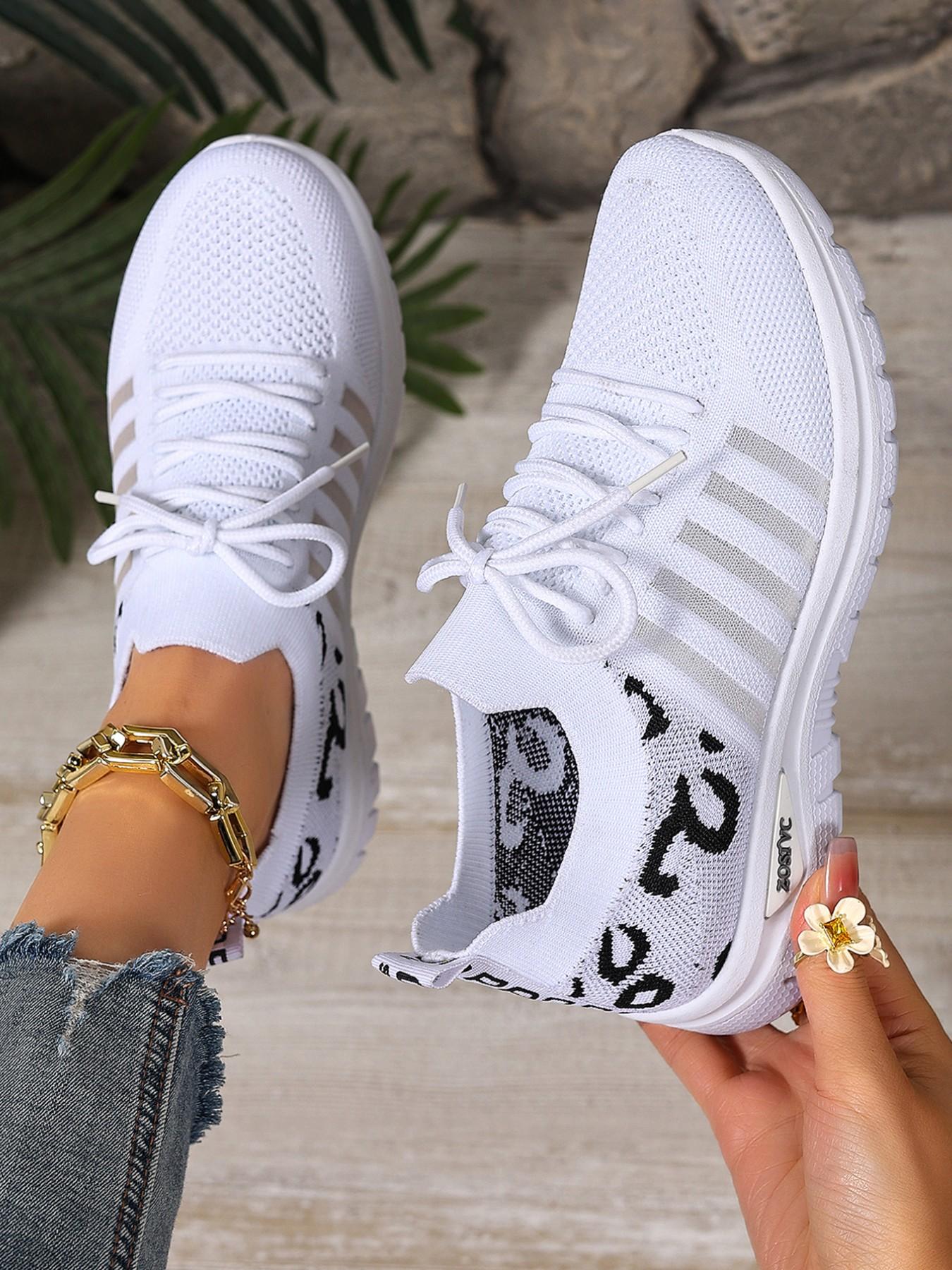 Women's Leopard Print Lightweight Lace-Up Sports Shoes, Breathable Shock Absorption Non-Slip Rubber Sole, Casual All-Season Low Top Sneakers