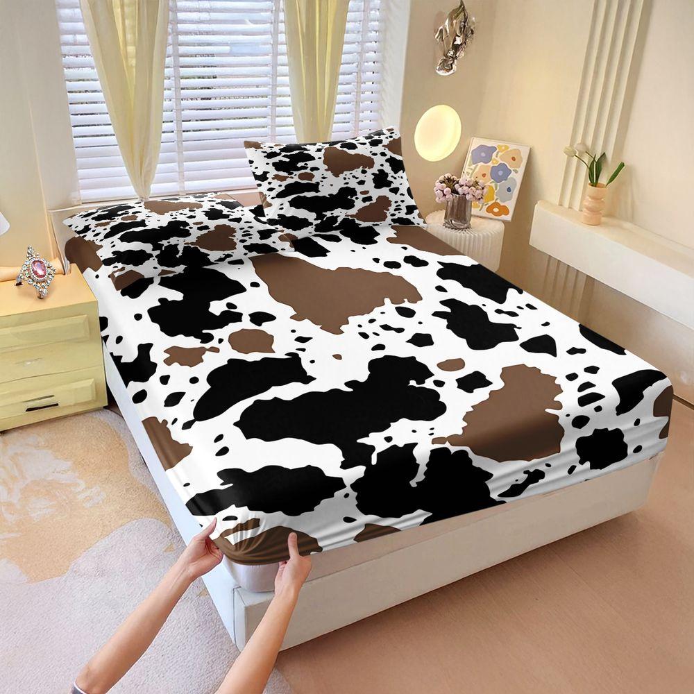 3Pcs Cowhide Pattern Fitted Sheet Set, Irregular Black, Brown & White Patches on Soft Fabric, Stylish & Unique Bedding for Rustic Decor, for Animal Lovers, Transform Your Bedroom into a Cozy Retreat Includes 2 Pillowcases, No Pillow Core