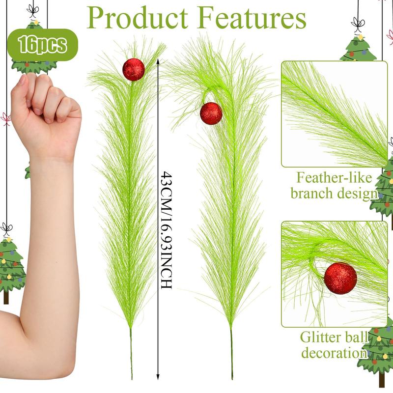 Christmas Clearance Sale Christmas Ornaments Green Furry Picks Fluffy Cuttable Christmas Tree Topper Set Xmas Tree Branch, Faux Pampas Grass Bendable Picks, Curly Artificial Stems with Berry Red Ball Wreath Vase Filler Holiday Home Christmas Decor
