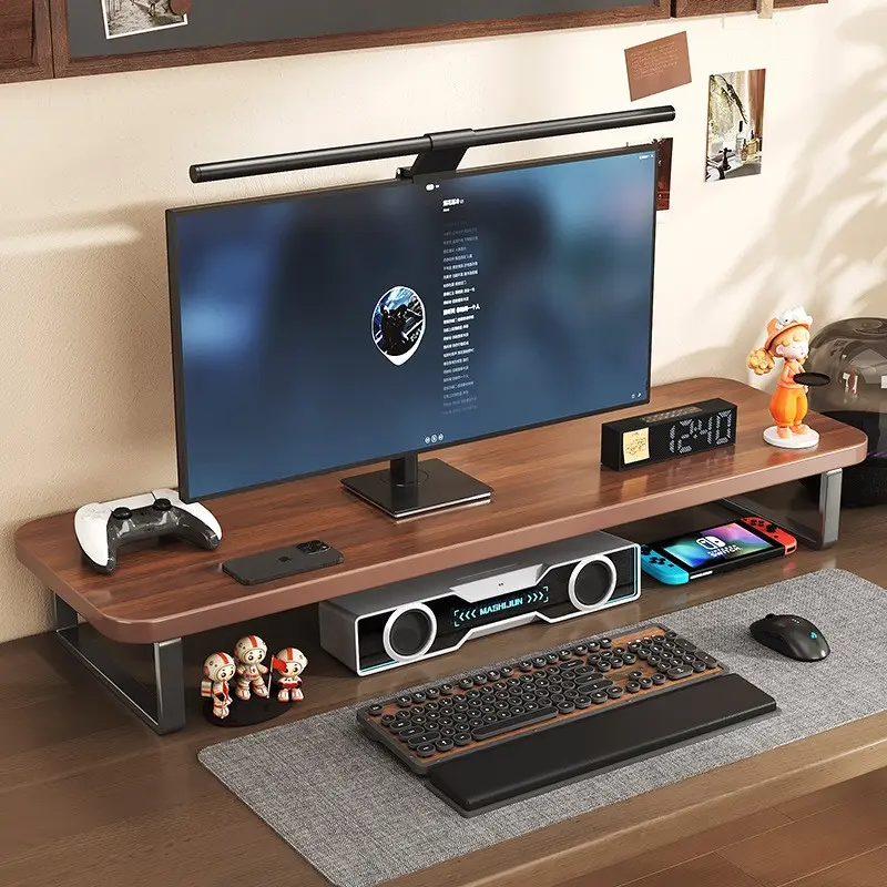 Wooden Monitor Riser Stand, Wide Desktop Space, Smooth Rounded Edges, Iron Support, Organize Cables, Comfortable Gaming Office Desk