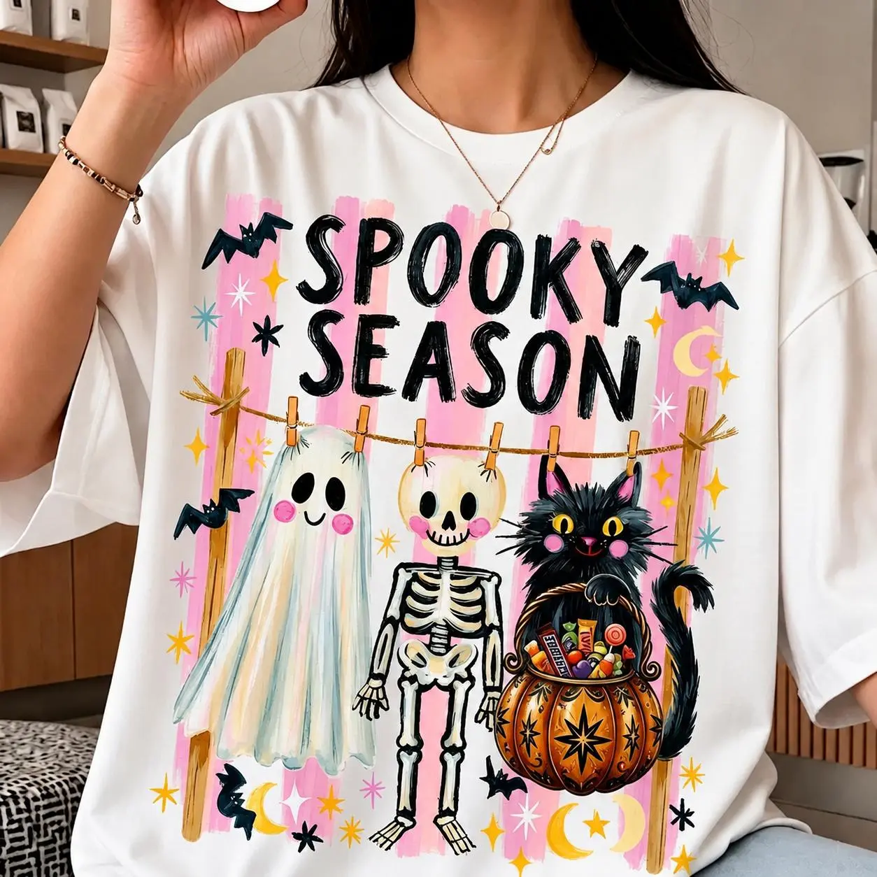 Women's Trendy Loose Oversized Casual Cotton Ghost Skeleton Black Cat Graphic T-Shirt - Spooky Halloween Fall Top