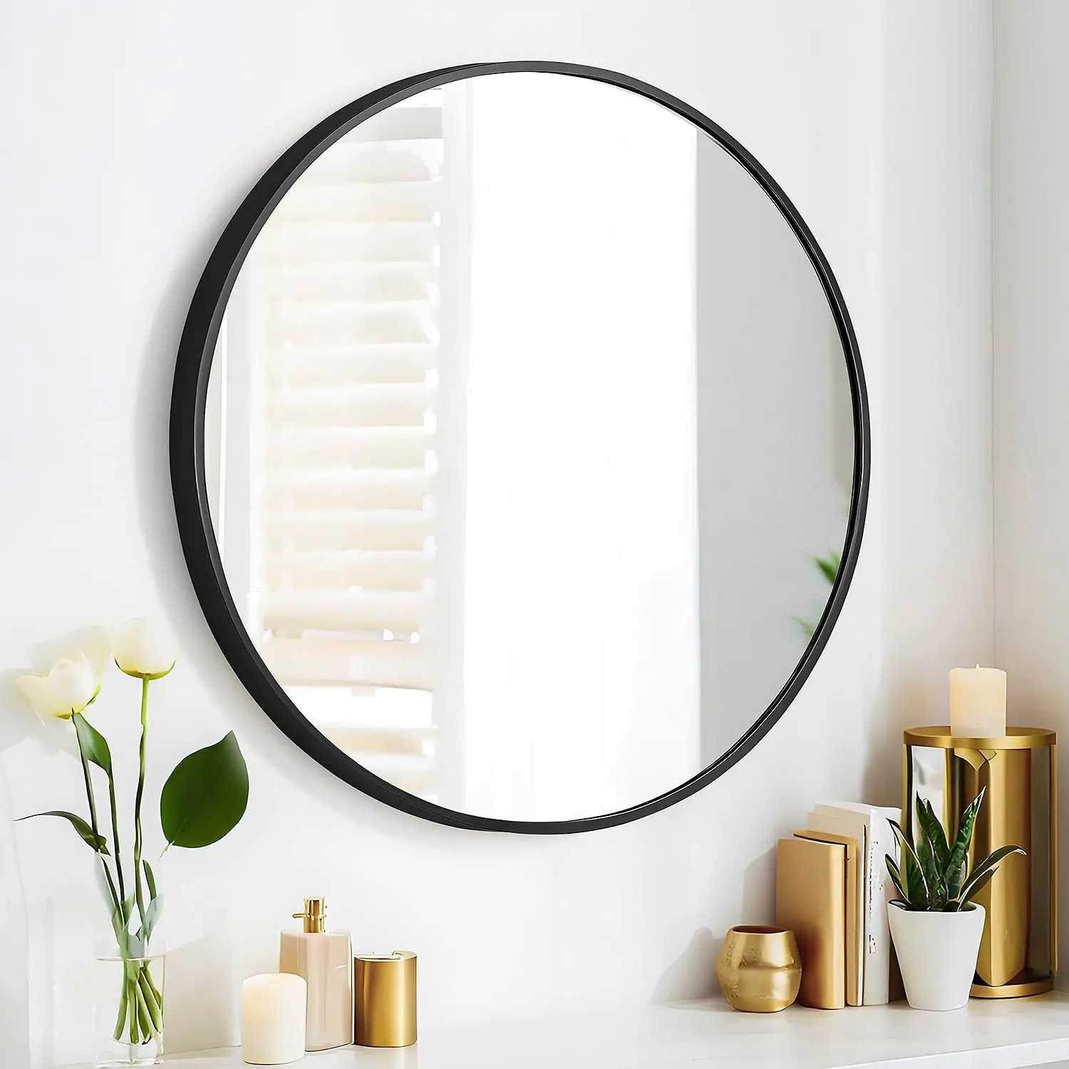 24" Round Mirror Circle Wall Mounted  or Against Wall  Alloy Metal Frame Dressing Make-up Mirrors for Entryway Bedroom Bathroom Living Room 24 inch Black