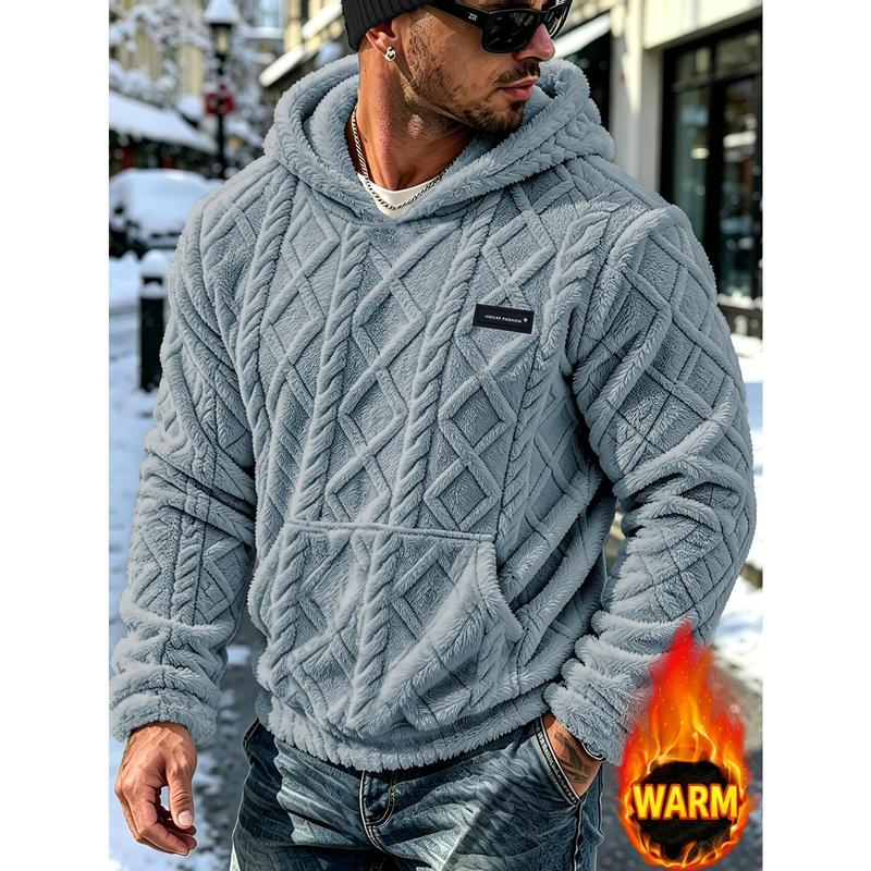 Men’s Must‑Have Winter Hooded Sweatshirt, Cable Knit Texture Soft Lined Warm Loose‑Fit Pullover with Large Pocket, Versatile for Streetwear, Outdoor, Travel & Commuting, Wonderful Gift Idea for Men