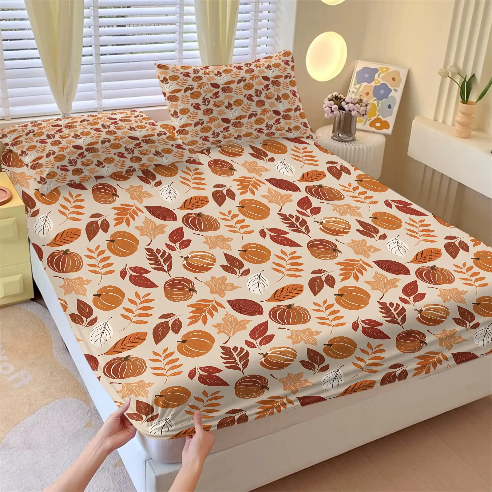 Beige Background Pumpkin Autumn Leaf Fitted Sheet Set, 1 Fitted Sheet & 2 Pillowcases No Filling, Warm Fall Pumpkin Maple Leaf Print Cozy Soft Bedding Set, Elastic Deep Pocket Non Slip Mattress Protector, Bedroom, Apartment, Holiday Decor