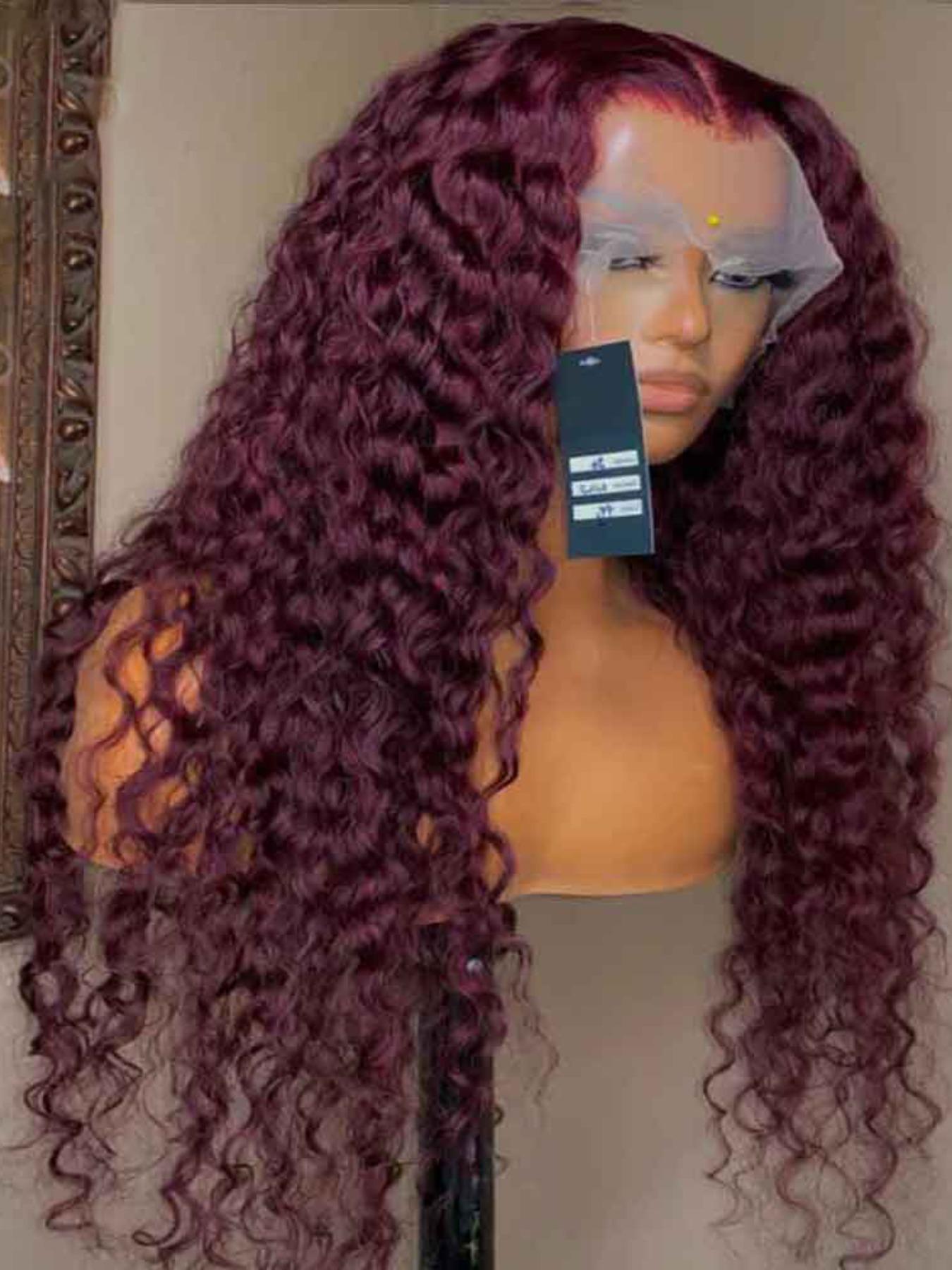 Burgundy Soft Long 26 Inch 180 Density Kinky Curly 99j Wine Red Front Lace Wig, Glueless Heat Resistant Synthetic Hair, Daily Wear Pre-plucked, Curly Afro Wigs