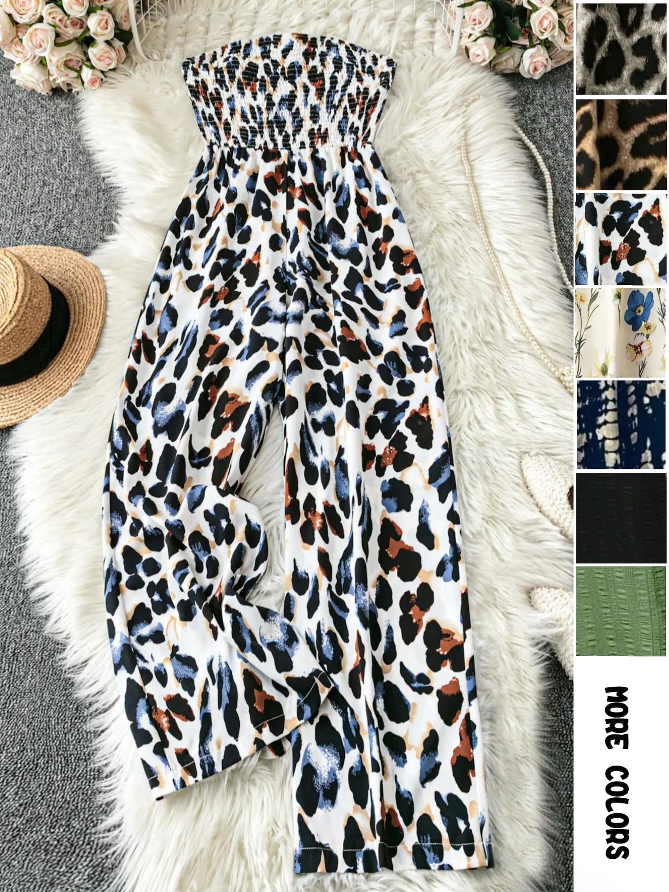 Women's Leopard Print Shirred Wide Leg Jumpsuit, Casual Sleeveless Tube Jumpsuit for Vacation Holiday, Ladies Clothes for All Seasons