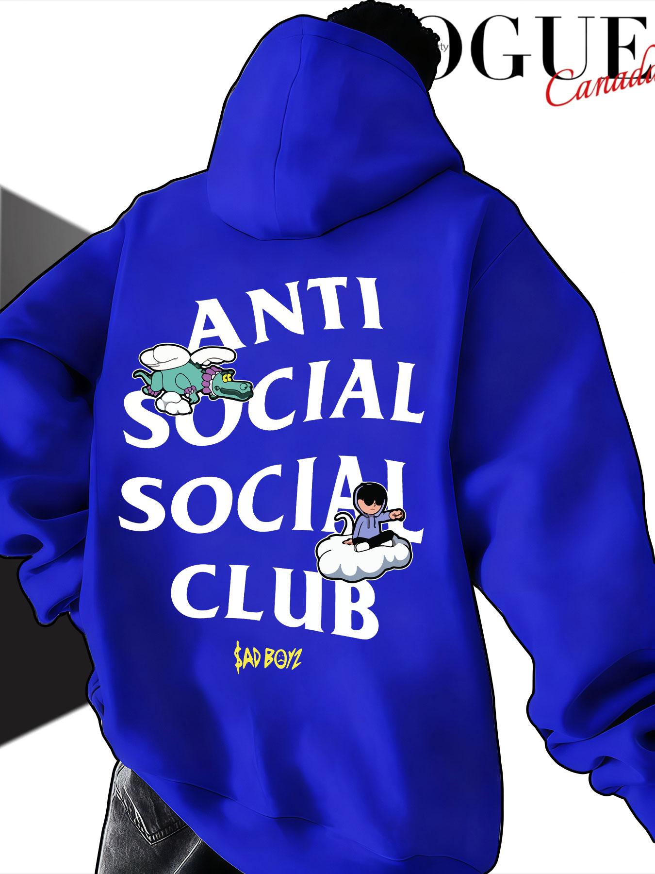 Men's Hooded Sweatshirt Fall Anti Social Social Club Cartoon Print, Casual Loose-Fit Streetwear, Trendy Drop Shoulder Top