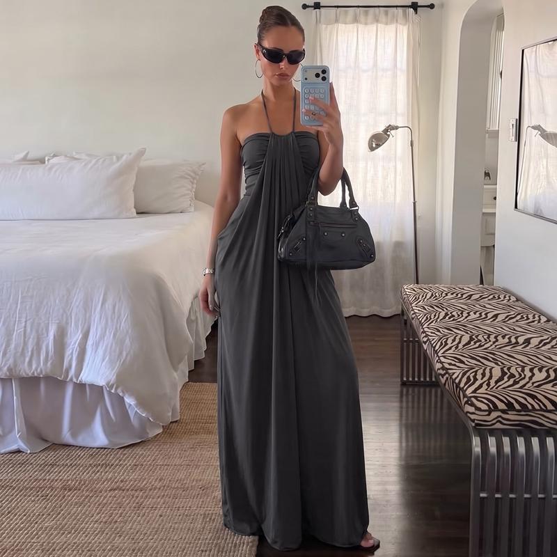 Women's Solid Color Ruched Bodycon Halter Neck Dress, Sexy Sleeveless Strapless Backless Slim Fit Tube Dress, Party Club Date Gown Dress, Elegant Slim Fitting, Casual Daily Maxi Dresses For Ladies Summer