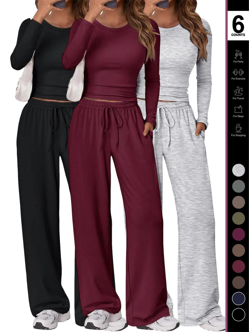 Women's 2 Piece Matching Lounge Set Long Sleeve Slightly Crop Top Wide Leg Pants Casual Sweatsuit 2026