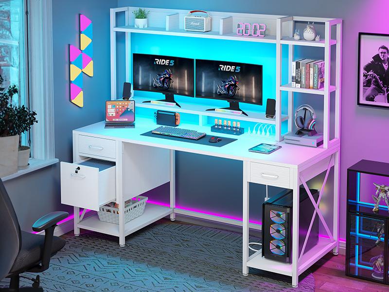 Yitahome Computer Desk with Drawers & Hutch, 59.1" Office Desk with LED Lights & Power Outlets, Gaming Desk with Monitor Stand & Storage Shelves