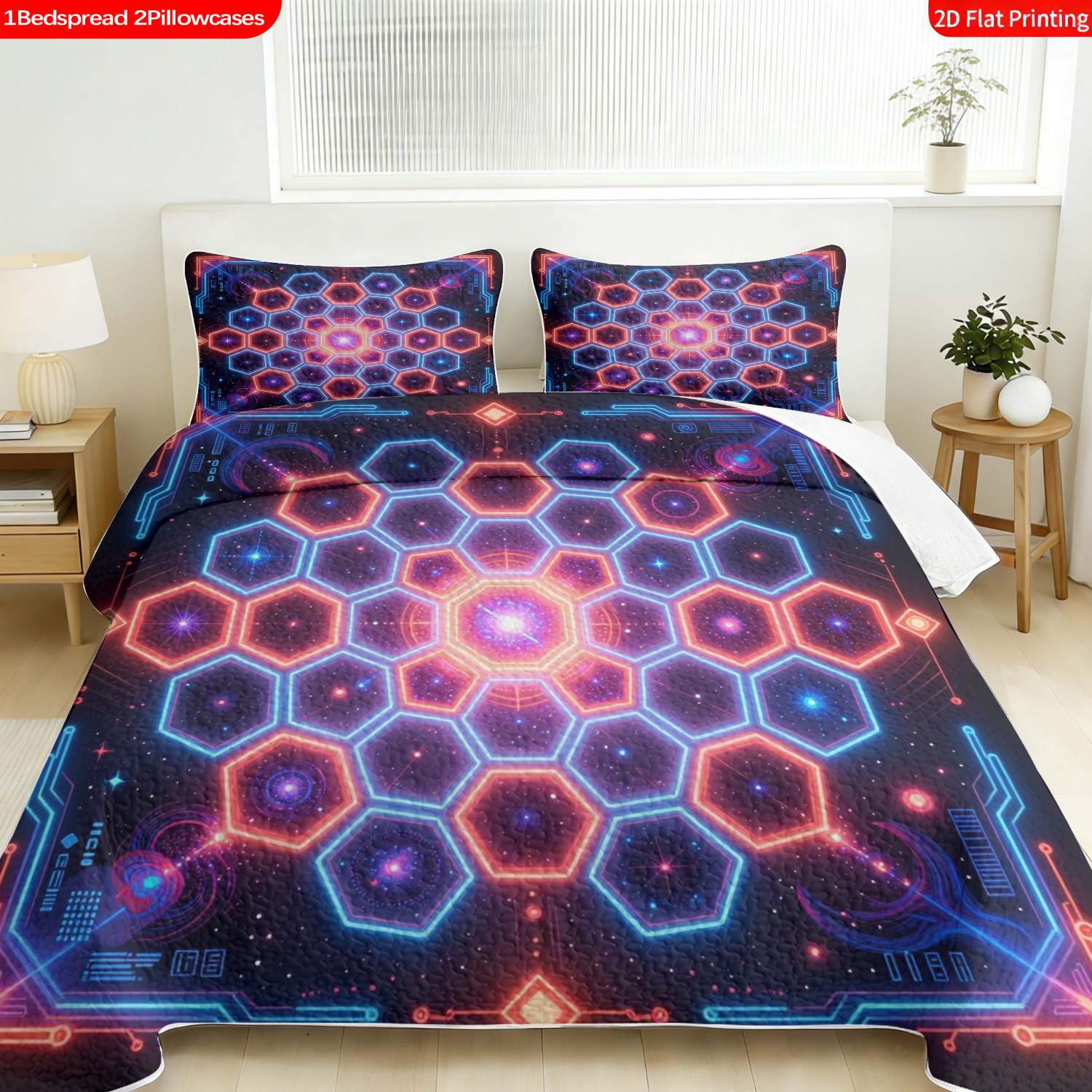 3 pcs, 2D Flat Print Neon Geometric Hexagon Bedspread Set, Soft and Comfortable, Multiple Sizes Available, Suitable for Gifting and Daily Use, Ideal for Creating a Cozy Home Atmosphere(1 bedspread , 2 pillowcases)
