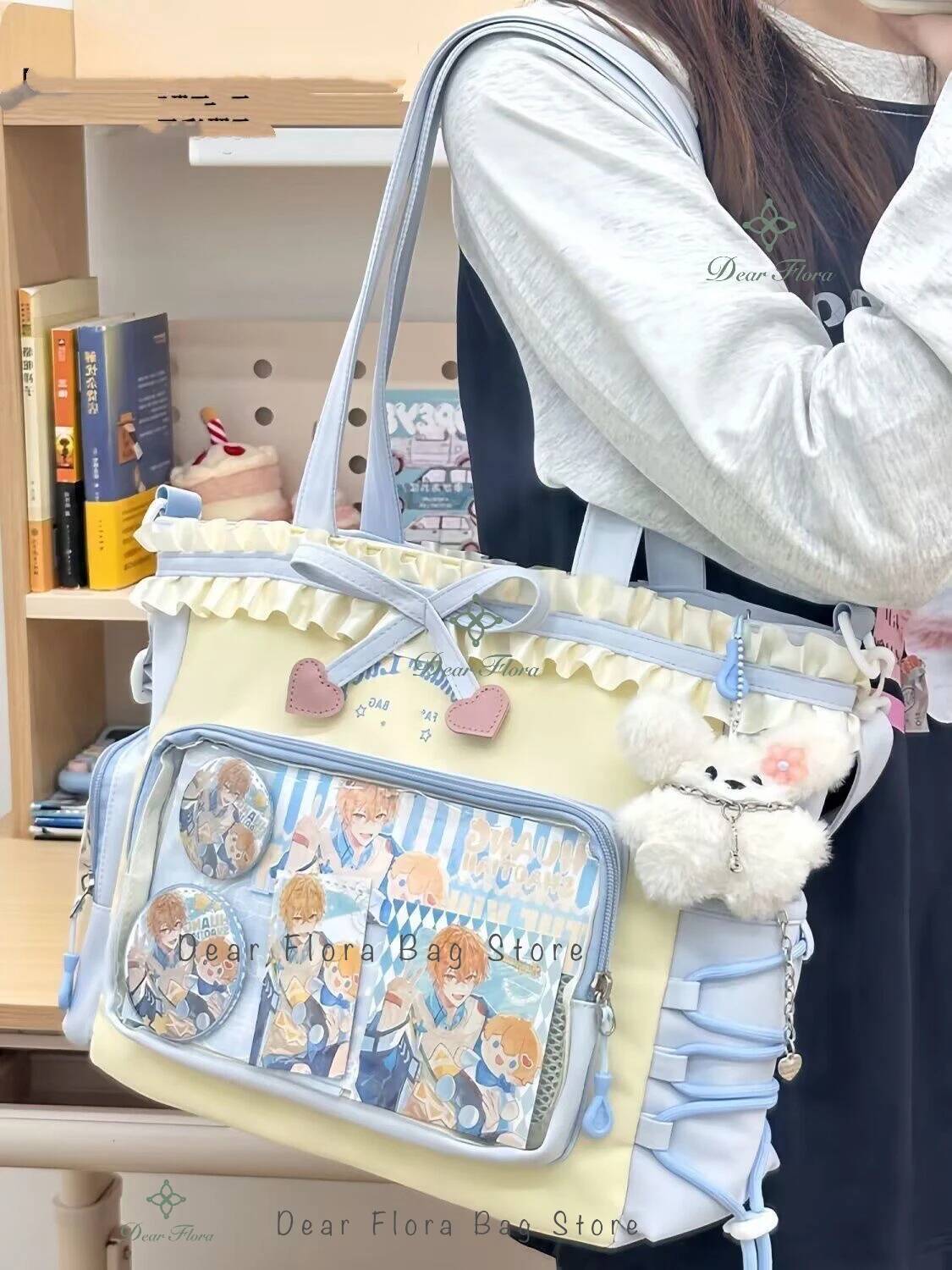 New Nylon/Polyester Ita Bag for Lolita Girls - Transparent Large-Capacity Shoulder Tote, Crossbody, DIY Display Casual Handbag