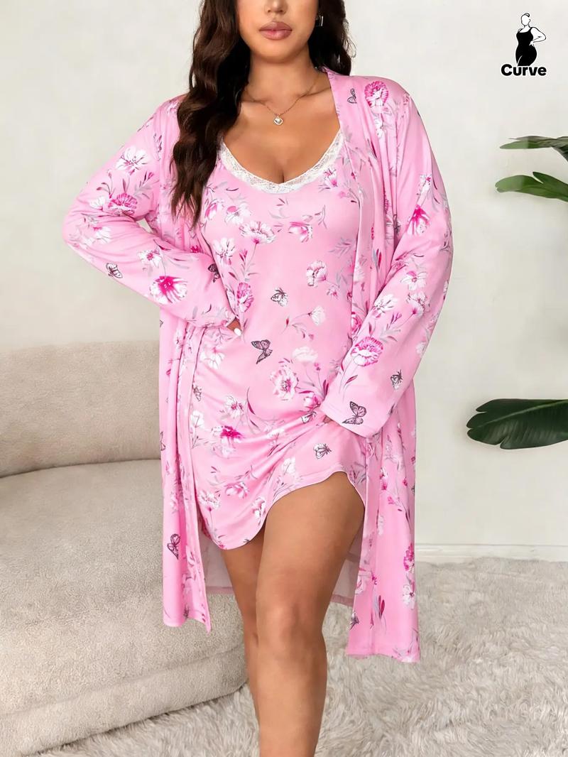 【Plus Size】 Floral Print Cami Dress & Belted Robe Two-piece Set, Casual Soft Comfortable Pyjama Set for Women, Women's Sleepwear for Spring & Fall